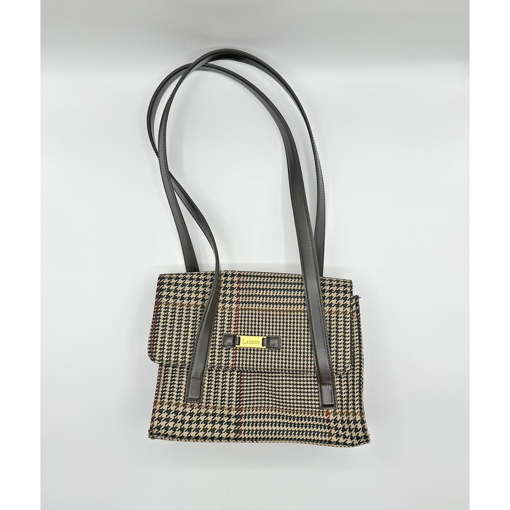 Lauren Ralph Lauren Houndstooth Plaid Shoulder Bag Black Leather Trim Classic